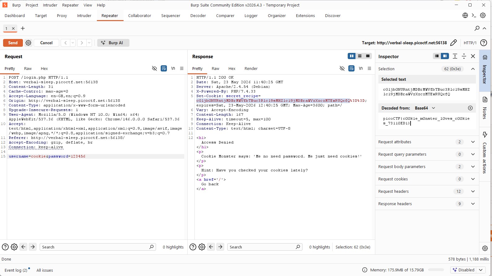 Burp Suite showing the secret recipe cookie decoded from Base64