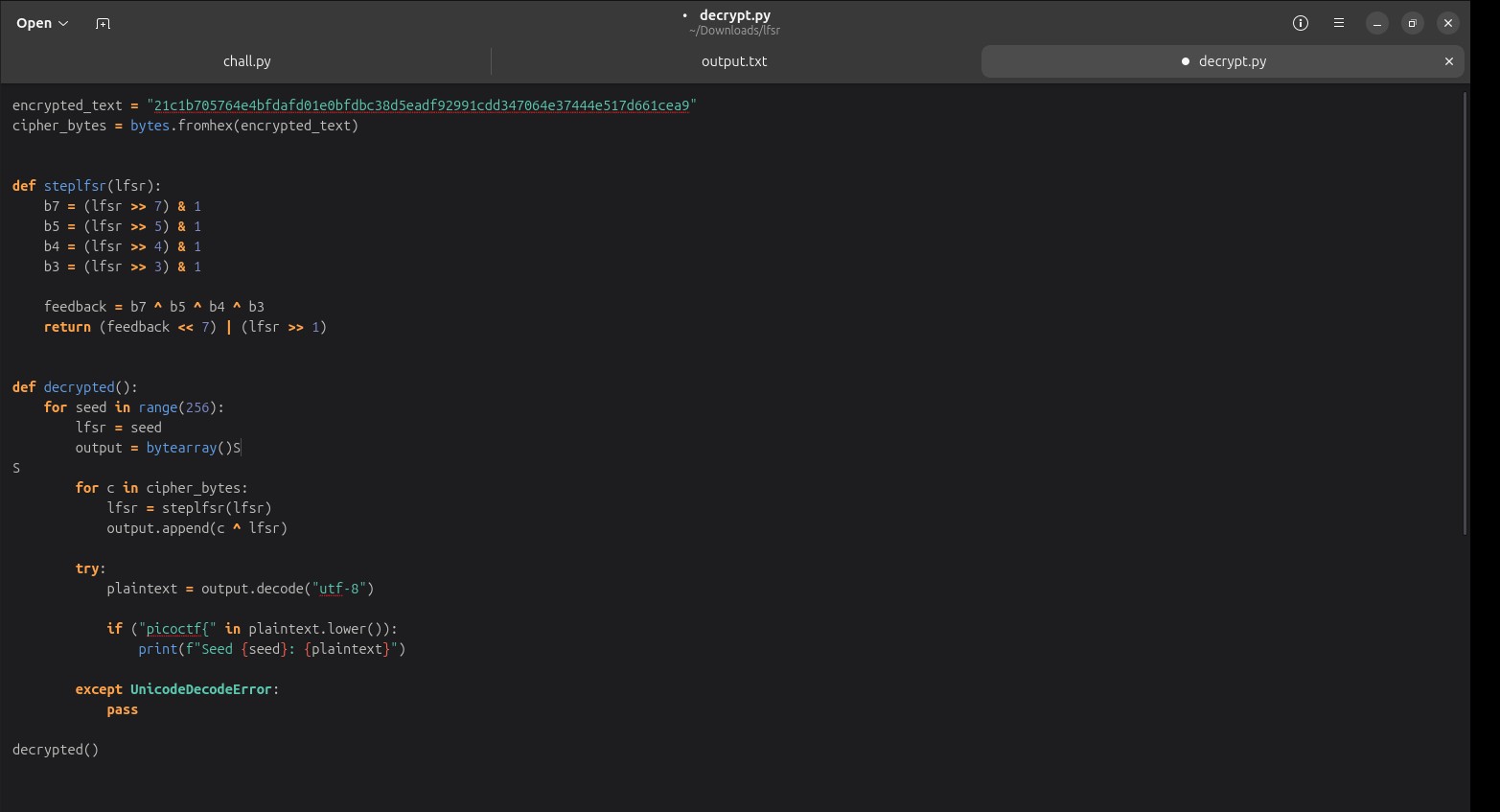 Decryption script reproducing the LFSR keystream and XORing with the output