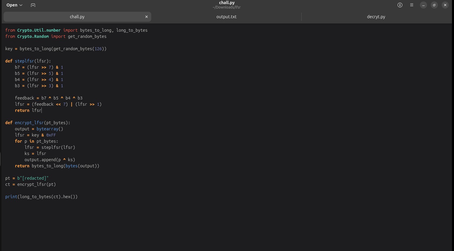 Philip's chall.py showing the LFSR encryption implementation