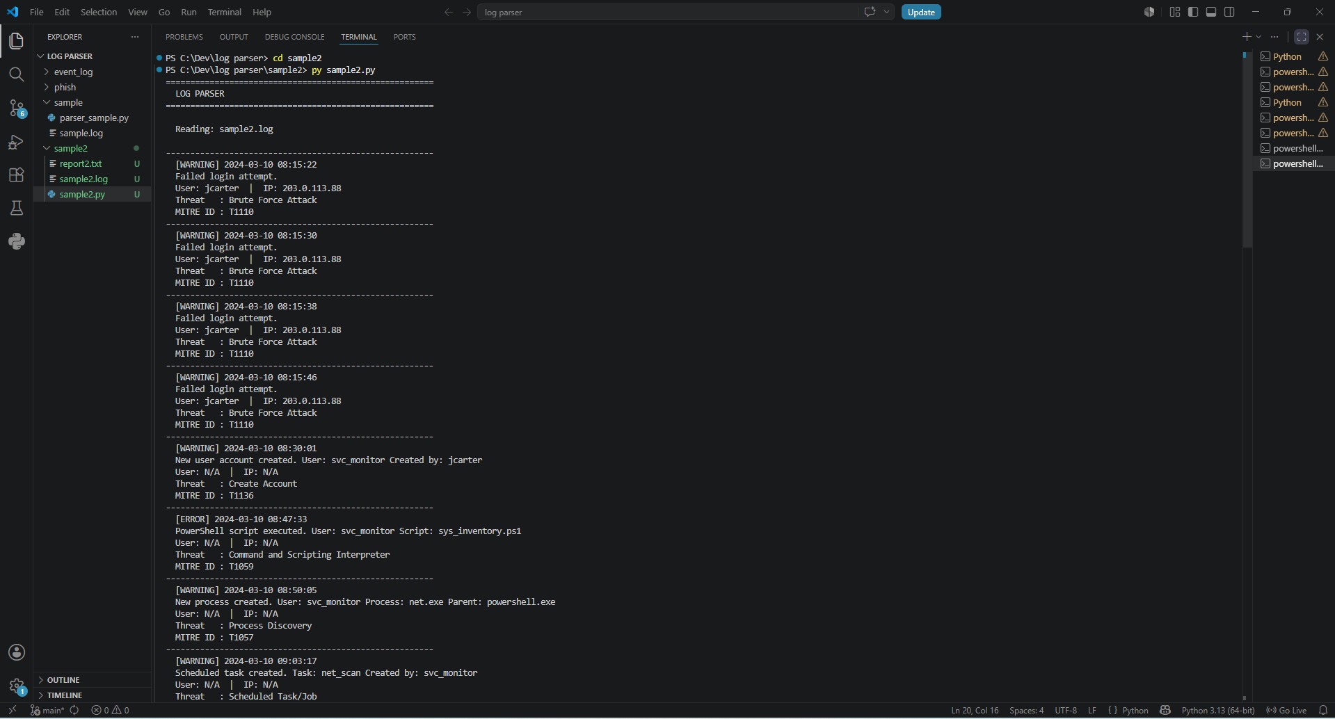 Terminal output showing red flags detected by the log parser