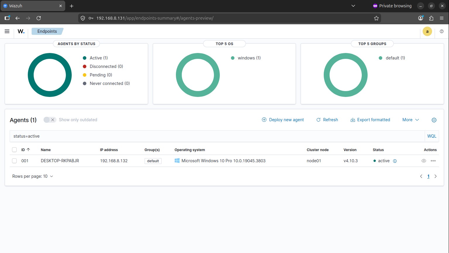 Successful connection between Wazuh agent on Windows 10 and manager on Ubuntu Server