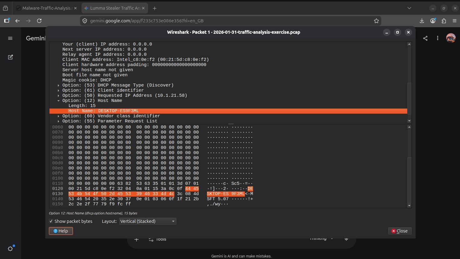 DHCP traffic revealing the hostname of the infected Windows client
