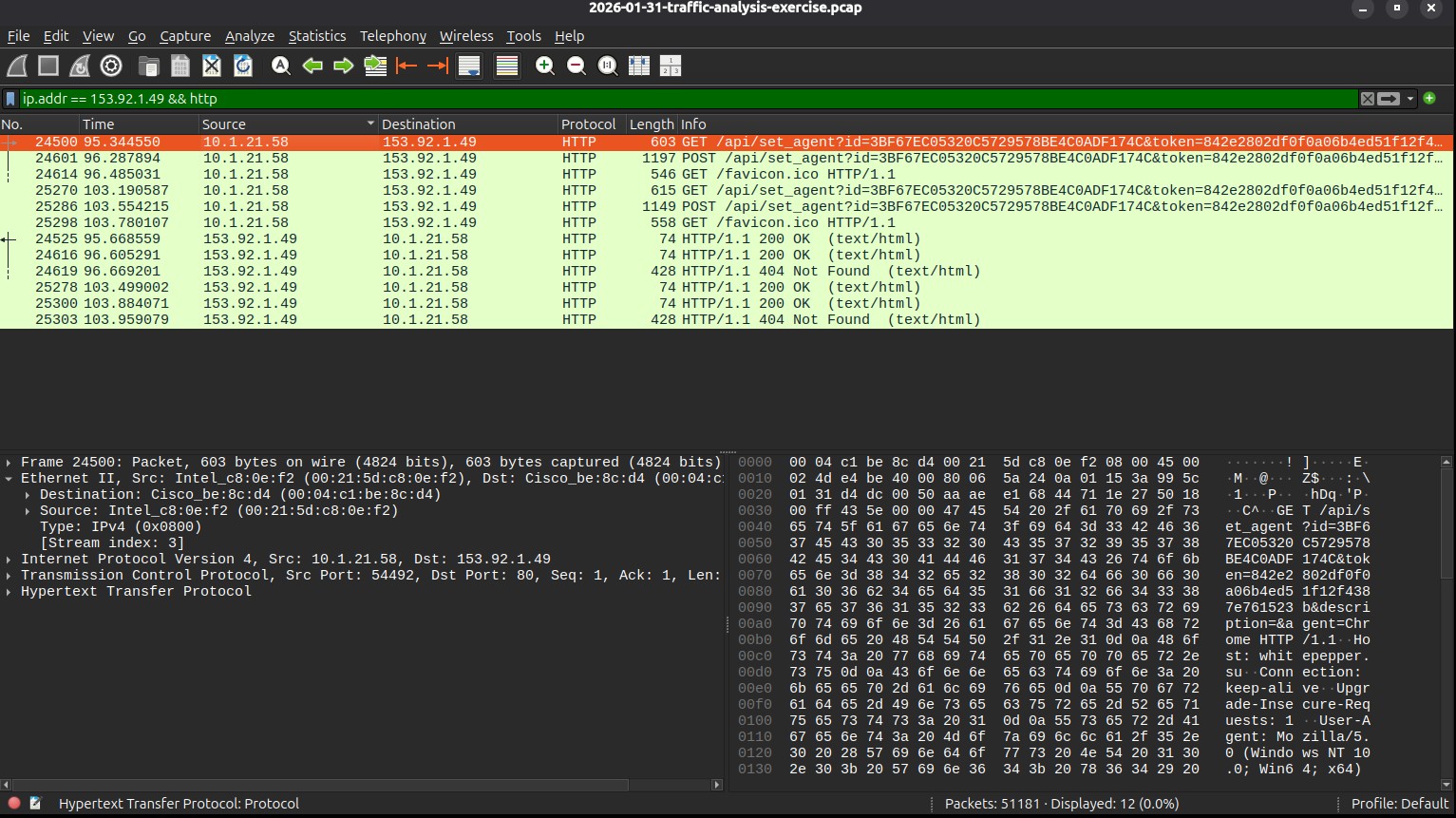 Filtering for the suspicious IP 153.92.1.49 in Wireshark