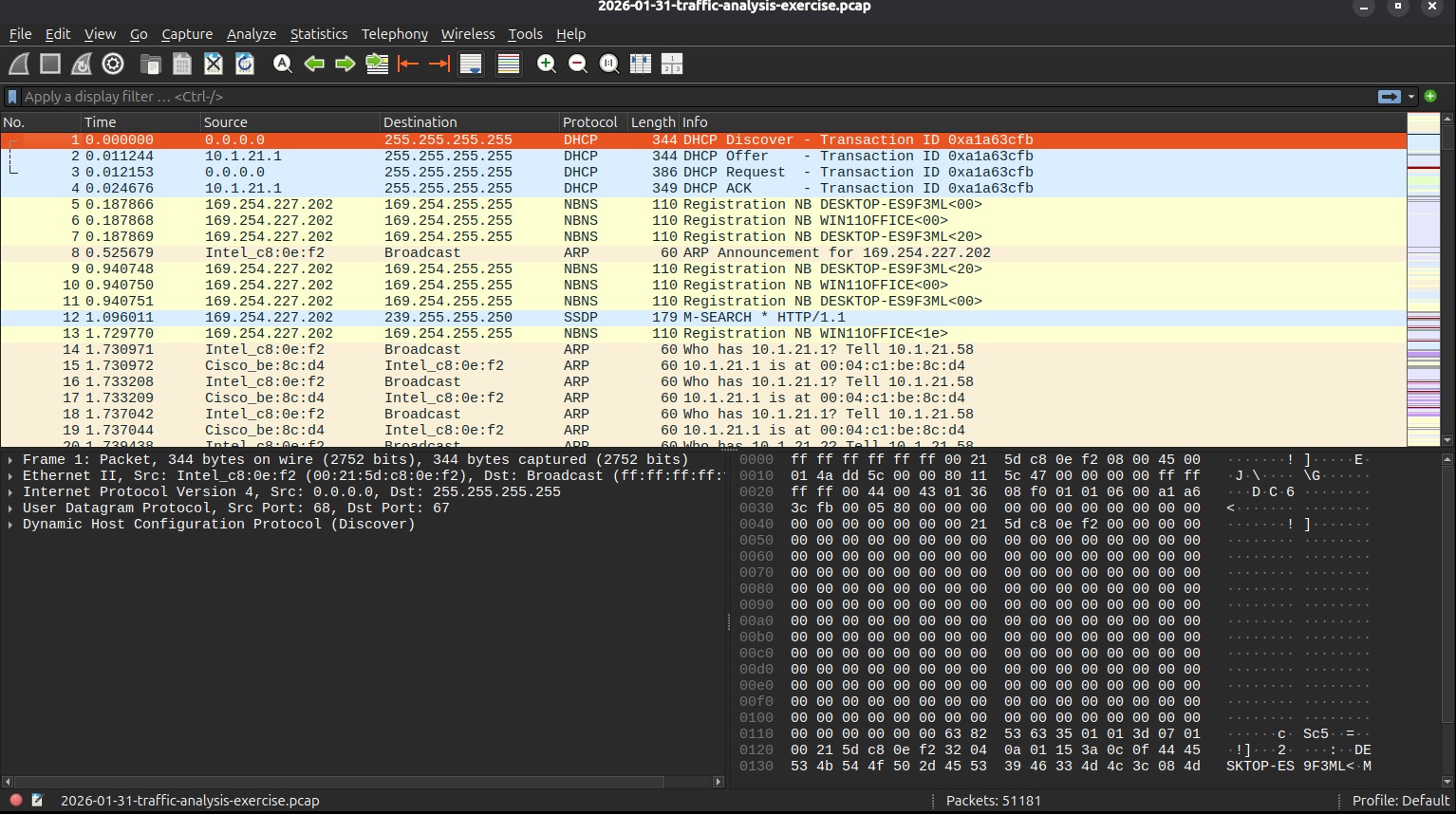 Wireshark capture overview showing traffic to suspicious external IP