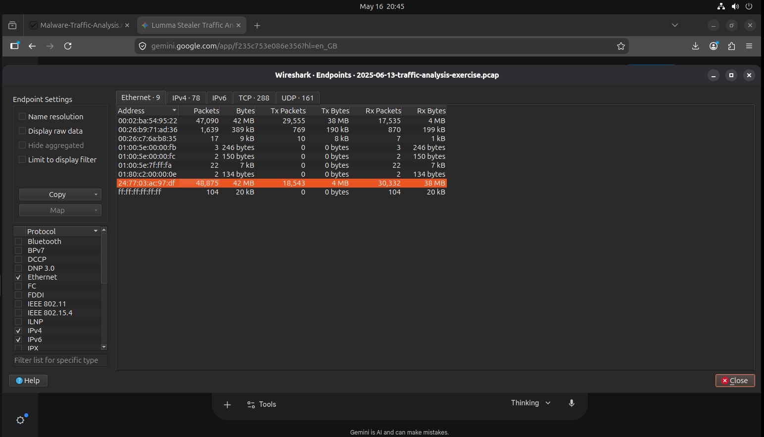 Ethernet frame analysis identifying endpoint MAC address